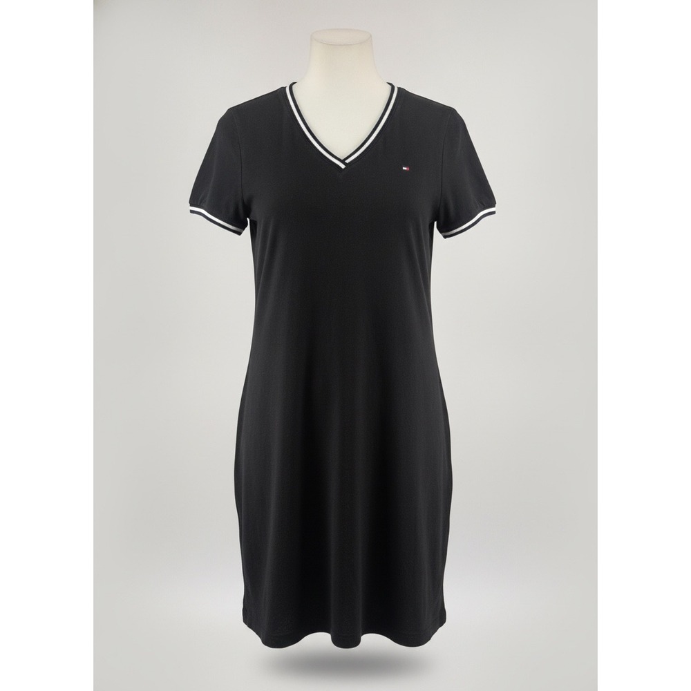 Tommy Hilfiger Womens XL Black V-Neck T-Shirt Dress Striped Trim Cotton 1704